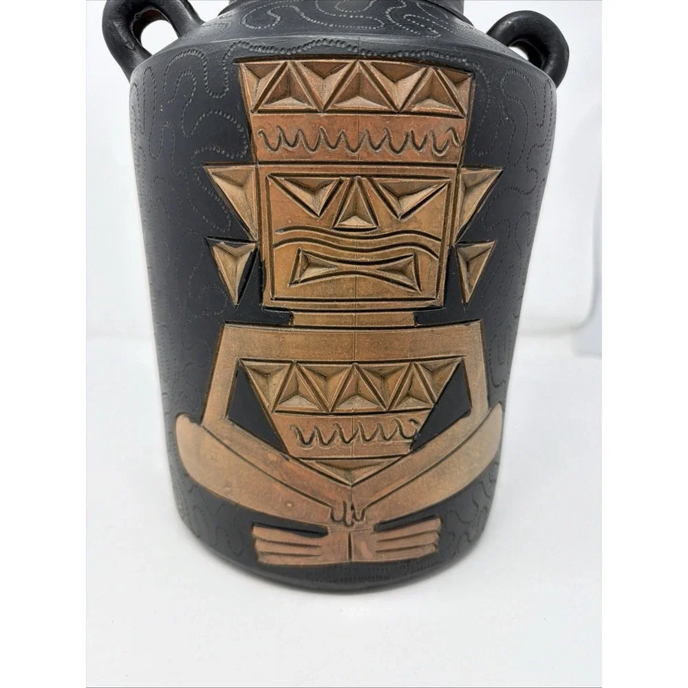 Vtg Black Pottery Vase Copper Colored Relief Tribal‎ Geometric Double Handle 11